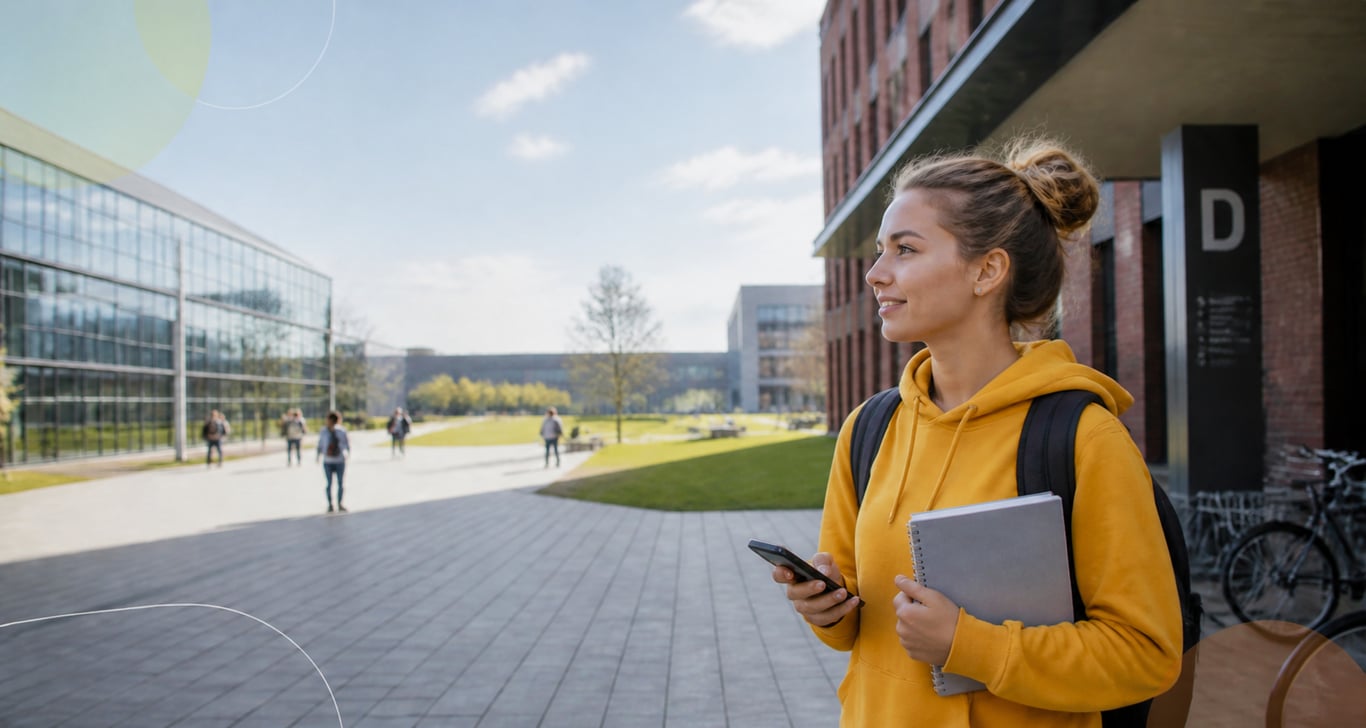 Junge Studentin im Halbprofil auf einem modernen Universitätscampus, mit Hoodie und Notizbuch